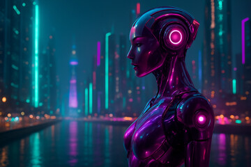 AI generated futuristic female android in profile view standing near a neon lit smart city river with glowing magenta circuitry and reflective body armor
