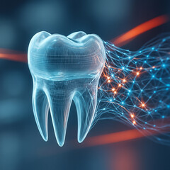 AI generated digital artwork showing a transparent human tooth with glowing wireframe and neural fiber connections in a futuristic scientific environment