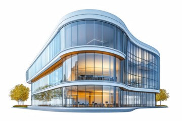 Futuristic Curved Glass Office Building Isolated on White