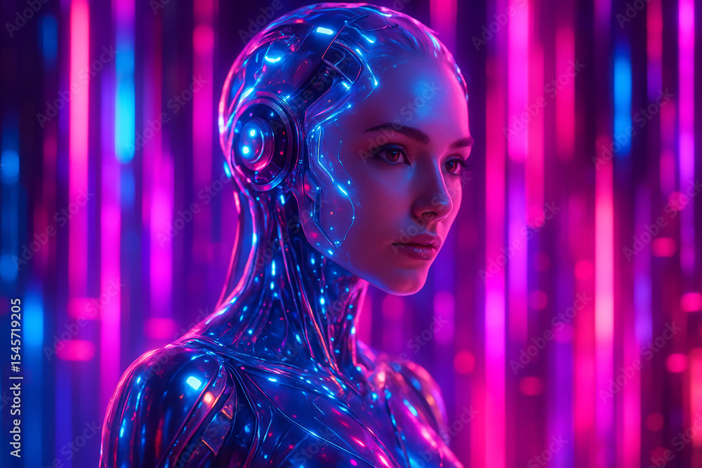 Poster ai generated portrait of a high tech female android with glowing cybernetic elements and humanlike f
