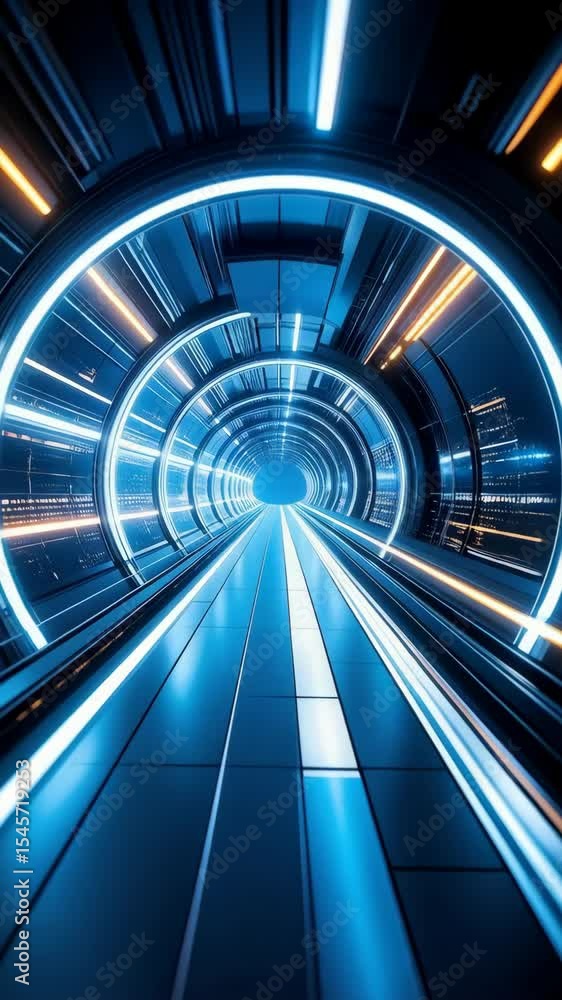 Poster futuristic tunnel illuminated with blue and orange glowing lights, creating a sense of speed and mod