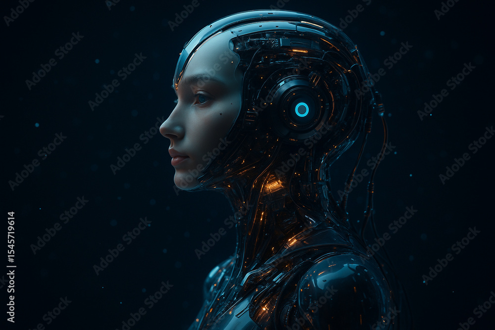 Poster ai generated photorealistic sci-fi android woman in profile with translucent head revealing circuits
