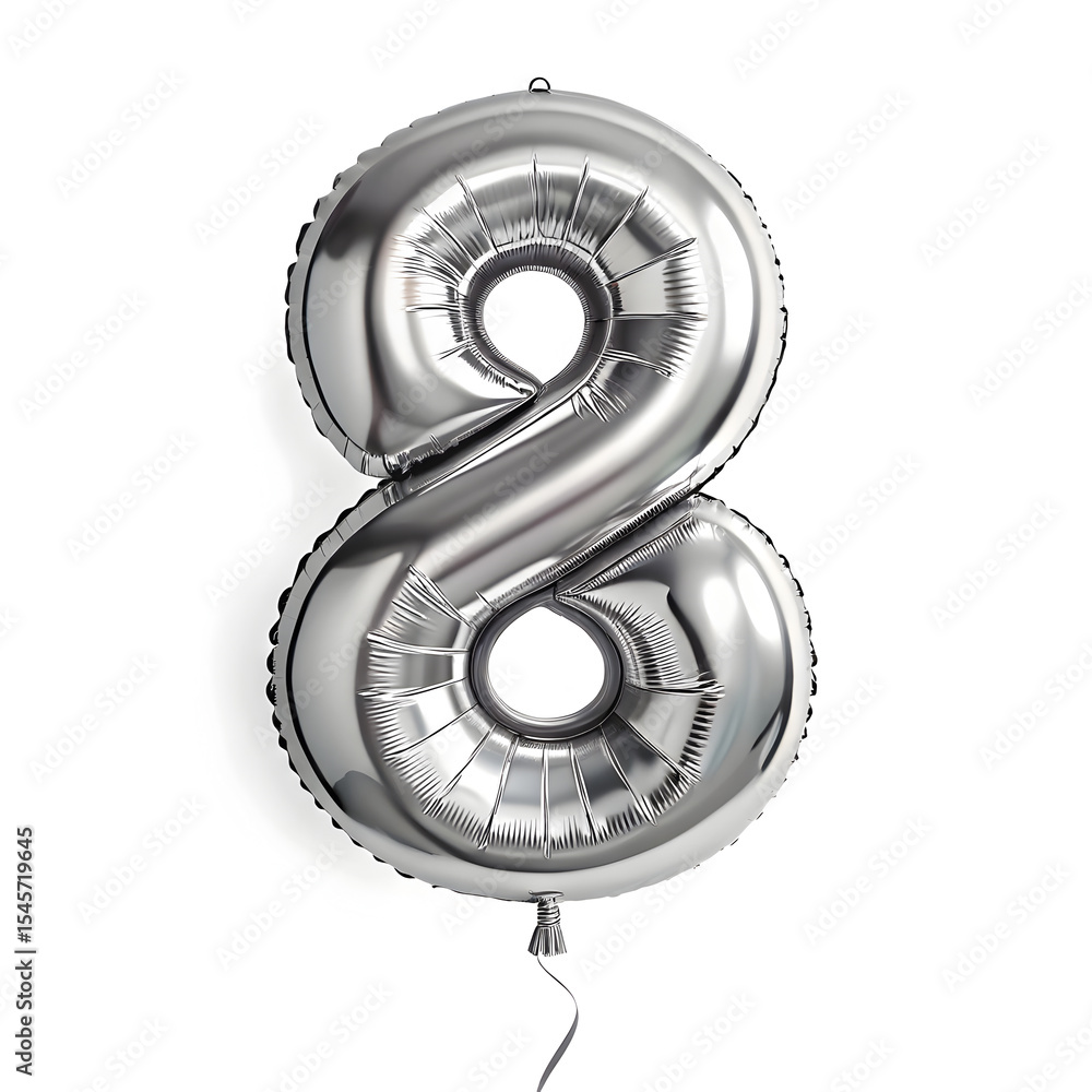 Fototapete a balloon shaped like the number 8 ,silver metallic finish with realistic reflections and smooth tex