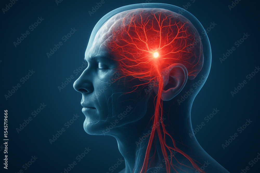 Poster ai generated translucent side view of human head showing glowing brain and neural system in red ligh