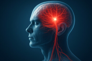 Obraz premium AI generated translucent side view of human head showing glowing brain and neural system in red light symbolizing stroke diagnosis or neural activation in futuristic medical context