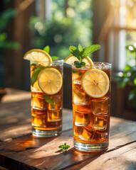 Close-up of a cold glass of iced tea and lemonade in wooden table. Special Summer Drink. Ai Generative