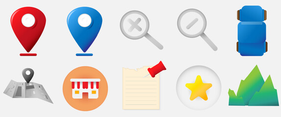 Map and Navigation Icon Set with Location Travel and Interface Elements on white background EPS10