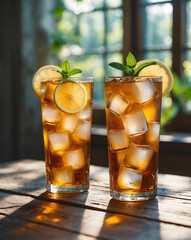 Close-up of a cold glass of iced tea and lemonade in wooden table. Special Summer Drink. Ai Generative