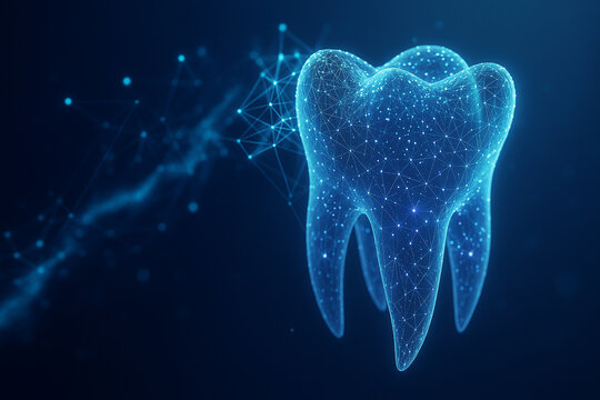 AI generated conceptual image of a translucent holographic tooth formed by glowing nodes and digital connections representing futuristic dental diagnostics and nanotech integration in oral care