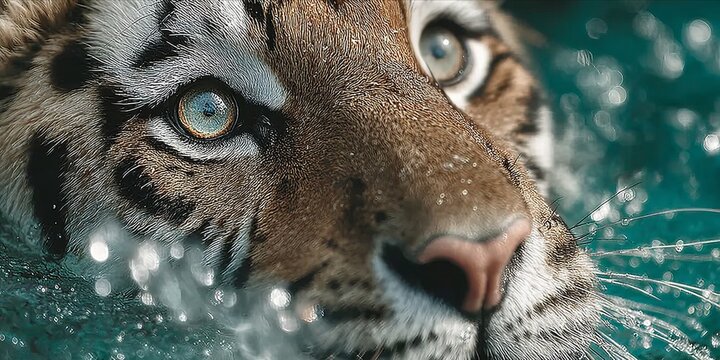 Majestic tiger emerges from aquamarine depths, eyes transfixed with fierce determination.