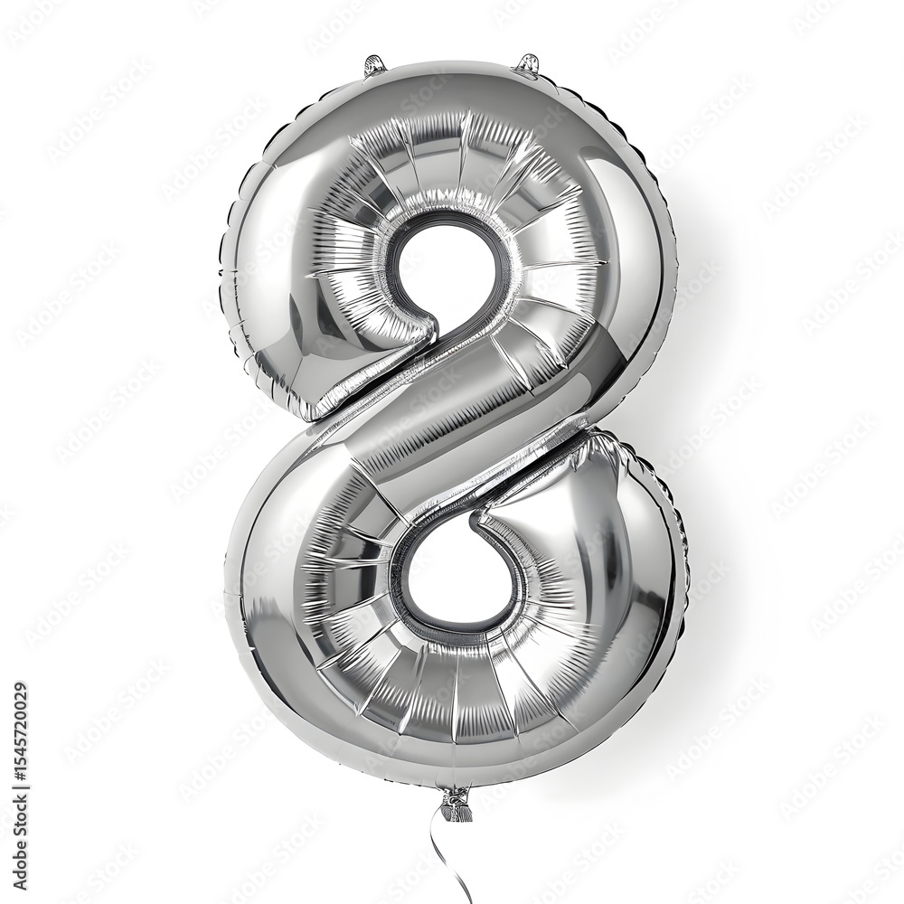 Fototapete a balloon shaped like the number 8 ,silver metallic finish with realistic reflections and smooth tex