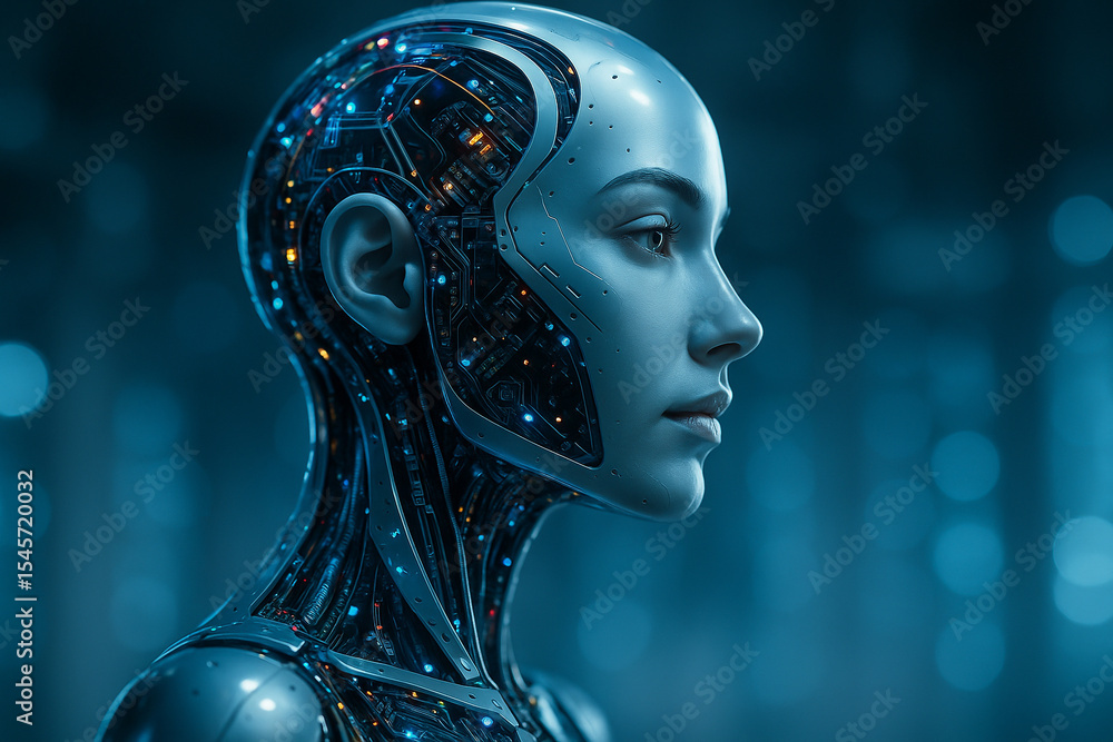 Poster ai generated portrait of a female android in profile with humanlike features and detailed internal c
