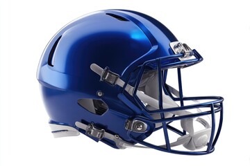 A vibrant blue football helmet, sleek and modern design, features a metallic finish, full facemask, and adjustable chin straps