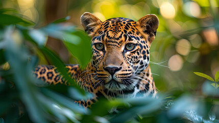 Leopard Gazing Through Sunlit Jungle Leaves