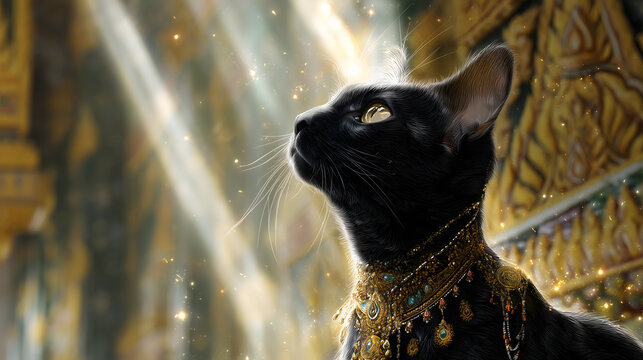 A luxurious black cat with an ethereal stand exudes mystical energy and magical aura, combining fantasy vibes, dark elegance, and supernatural charm in a captivating enchanted realm.