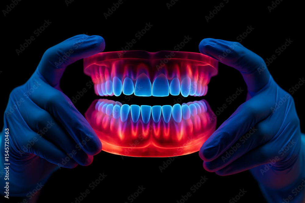 Poster ai generated glowing full dental structure held by gloved hands in a dark futuristic environment vis