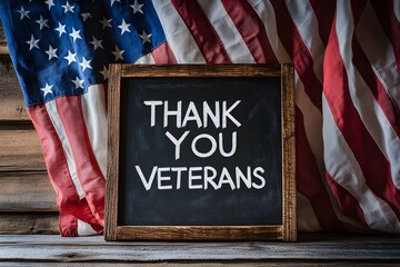 A chalkboard sign conveys a message of gratitude to american veterans with the us flag in the background.