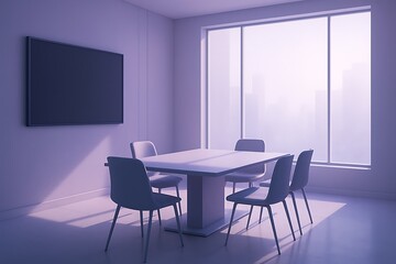 modern meeting room with lavender lighting, minimalistic furniture, and a city view through large windows
