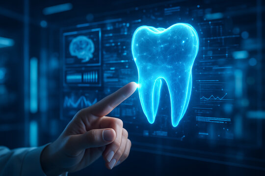 AI generated futuristic dental interface showing a human finger interacting with a glowing holographic tooth floating in a virtual data space representing smart diagnostics and real time analysis