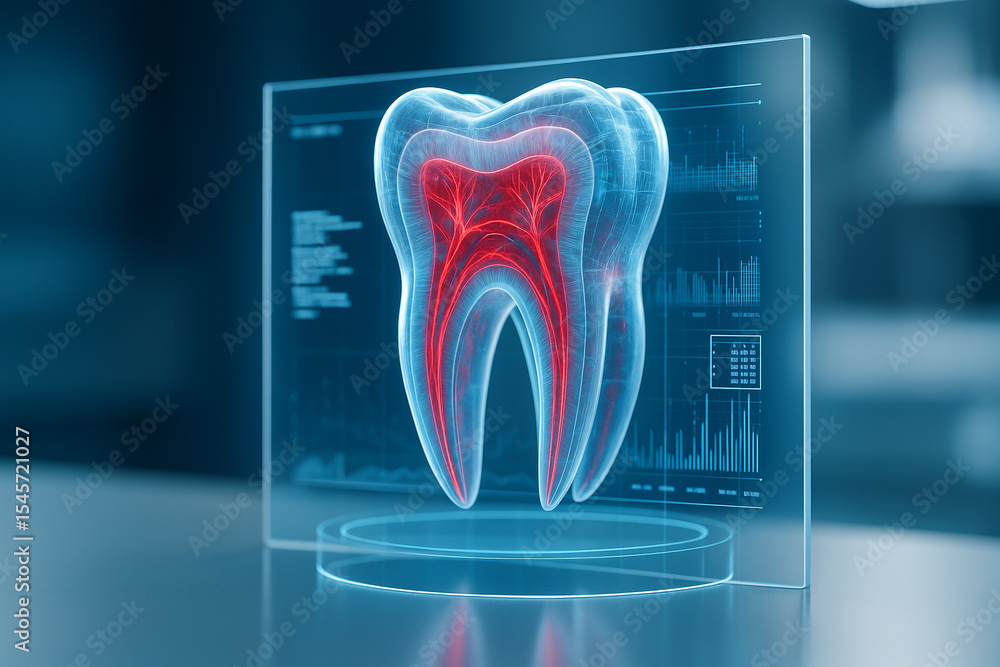 Poster ai generated medical render of a translucent 3d tooth revealing internal nerve and blood structures 