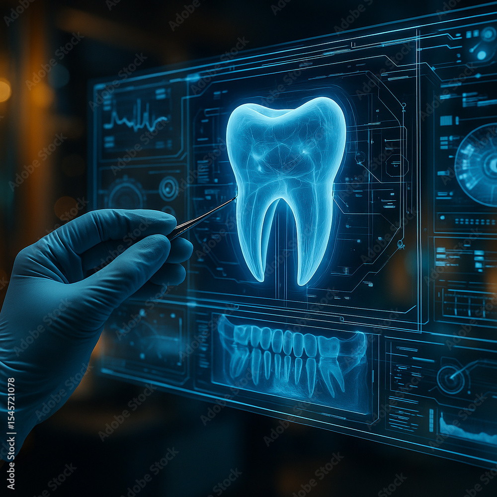 Poster ai generated holographic tooth displayed on a futuristic hud being examined with a medical tool in a