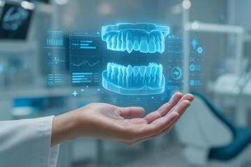 AI generated futuristic dental image shows a glowing 3D holographic model of upper and lower teeth above a doctorโ€s hand with medical data UI in a clean high tech clinic