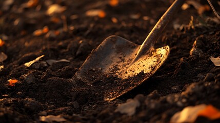 Rusty shovel in dark soil, autumnal leaves.