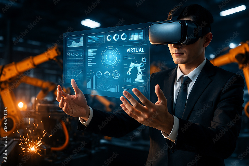Poster ai generated futuristic smart factory with a business professional using virtual reality headset and
