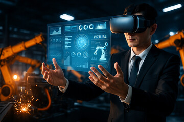 AI generated futuristic smart factory with a business professional using virtual reality headset and hand gestures to control and monitor robotic arms through an immersive holographic interface