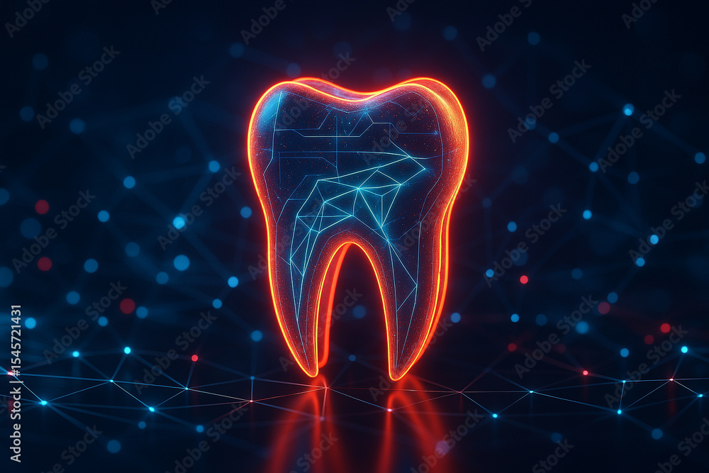 Poster ai generated photorealistic sci fi render of a translucent 3d tooth with glowing orange edge and int