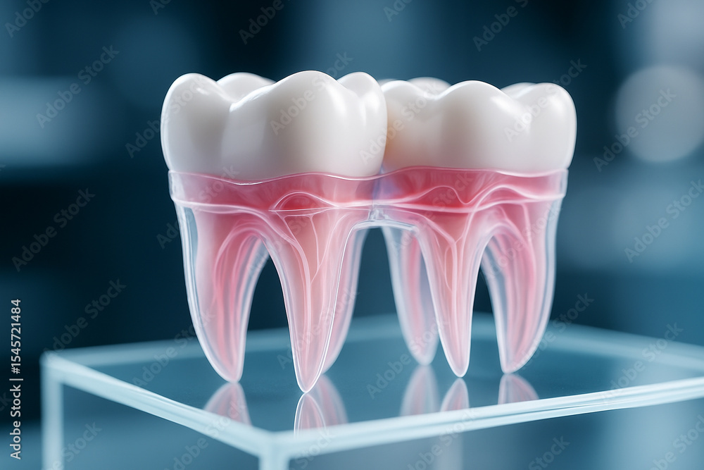 Poster ai generated anatomical render of two realistic molar teeth with translucent roots and visible nerve
