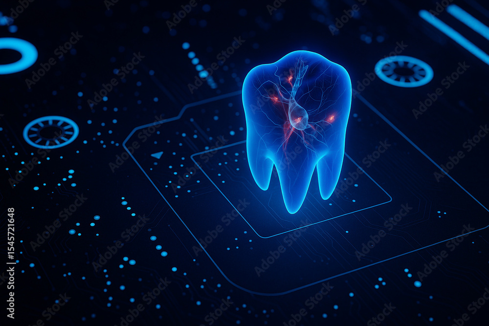 Poster ai generated sci fi concept of a translucent digital tooth with visible nerves floating over a glowi