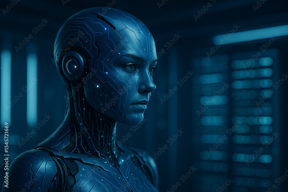 Poster ai generated side view of a female android with metallic blue circuits and deep reflective eyes stan