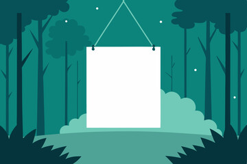 Blank Sign Hanging in a Mysterious Forest Nighttime Nature Scene