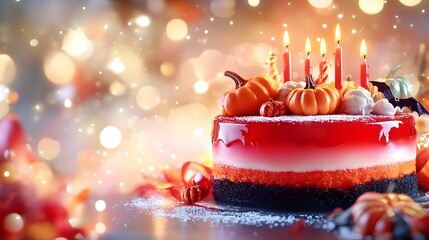 Festive Halloween cake with candles, pumpkins, bokeh background