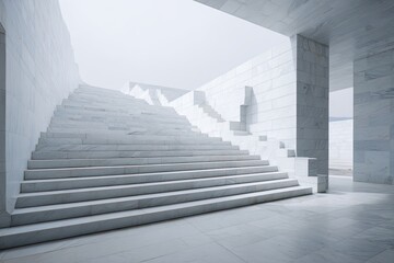 Obraz premium A grand, minimalist staircase of polished white marble ascends within a light-filled, modern architectural space, featuring clean lines and geometric forms
