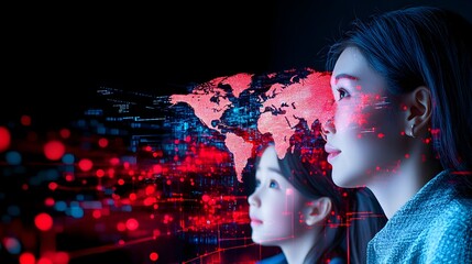 Global network, women watching data, digital map, future tech