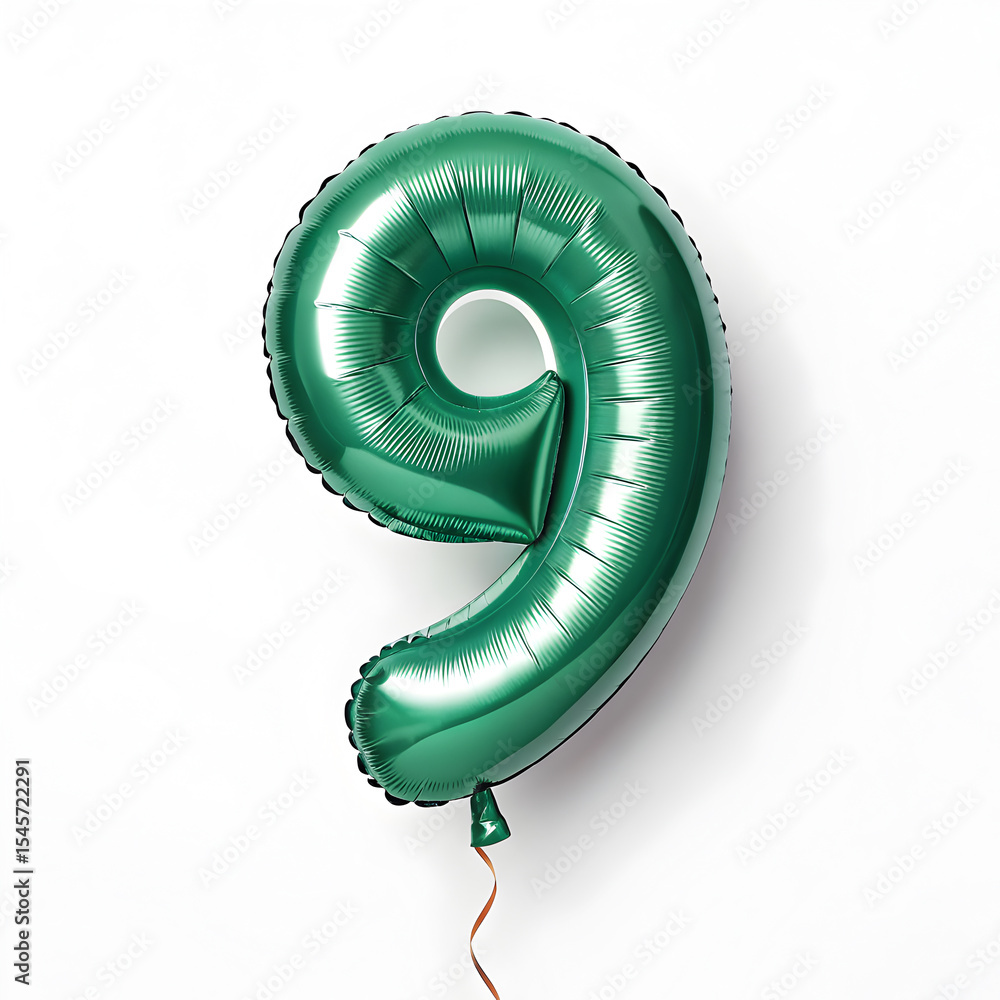Fototapete a balloon shaped like the number 9,emerald green metallic finish with realistic reflections and smoo
