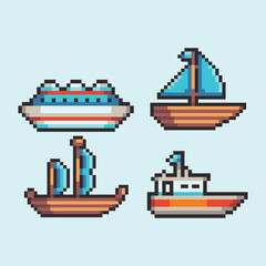 this is ship icon set in pixel art with colorful color and blue background ,this item good for presentations,stickers, icons, t shirt design,game asset,logo and your project.