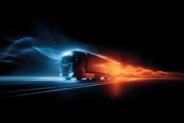 A silver semi-truck speeds along a dark road, leaving trails of vibrant blue and orange energy in its wake