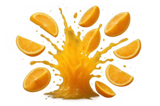 Vibrant orange juice splashing with citrus slices, showcasing refreshing liquid droplets against transparent surface