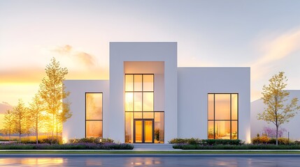 Modern white house sunset suburb landscaping