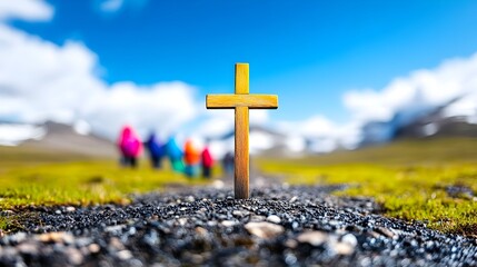 Mountain path cross hikers faith hope journey