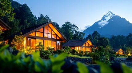 Mountain view luxury cabins, rainforest sunset