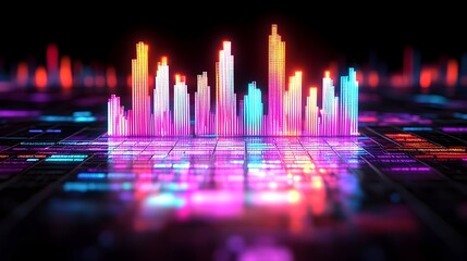 Neon city skyline data visualization, digital landscape background