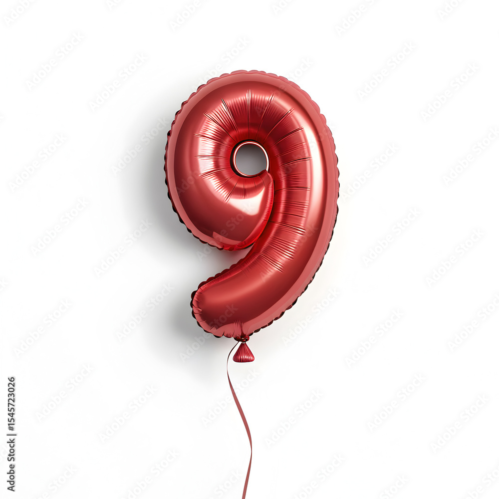 Fototapete a balloon shaped like the number 9,glossy red metallic finish with realistic reflections and smooth 