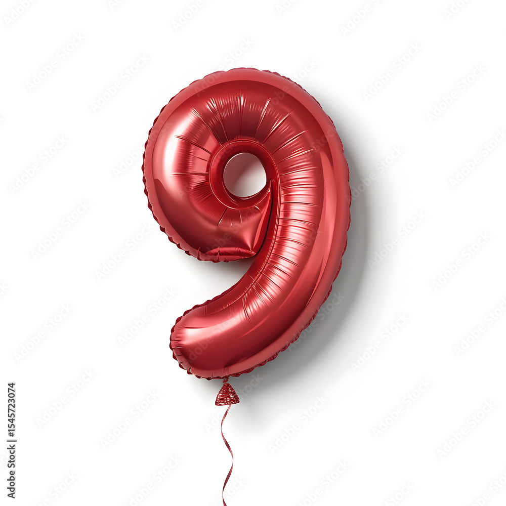 Fototapete a balloon shaped like the number 9,glossy red metallic finish with realistic reflections and smooth 