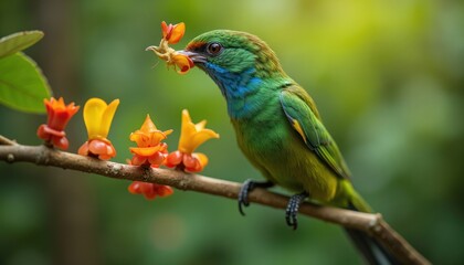 Vibrant bird feasting on colorful flowers.