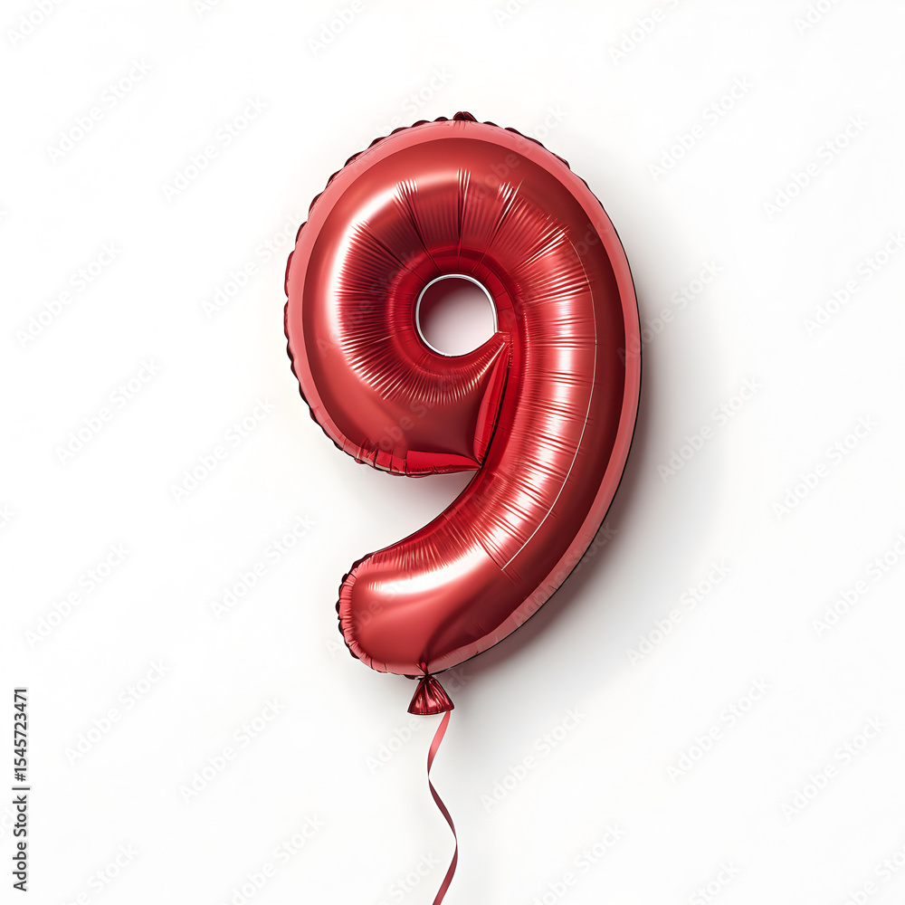 Fototapete a balloon shaped like the number 9,glossy red metallic finish with realistic reflections and smooth 