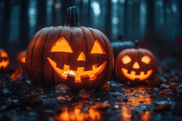 "Halloween pumpkins scattered in the dark woods."